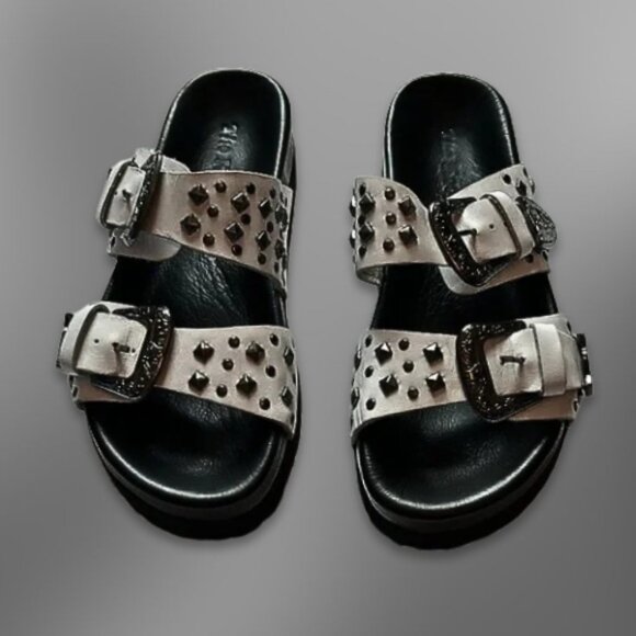 The Kooples Leather Sandals with Studs Slip-on Style White Black Women's 36 NIB - Picture 2 of 7